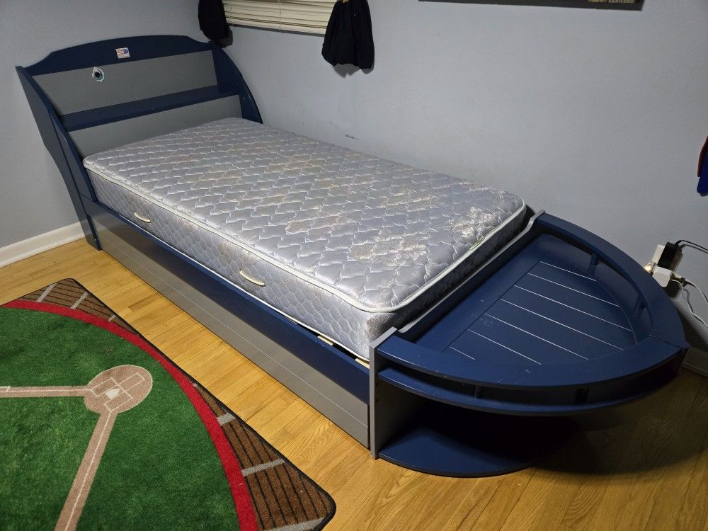 Kids Twin Boat Bed With Trundle Bed Pull Out