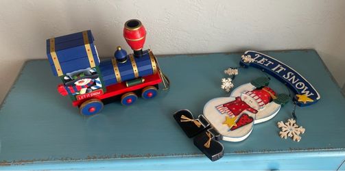 Vintage Snowman Wood Train & Hanging Sign Bundle