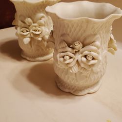 Set of 2 *Antique Bisque Porcelain 3D Raised Flower Vases * 4.25"x4" *