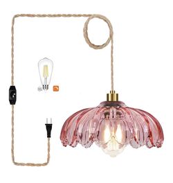 QIYIZM Pink Plug in Pendant Light Hanging Lights with Plug in Cord Boho Hanging Lamp Glass Gold Mid Century Modern Vintage Dimmable Flower Plug in Cha