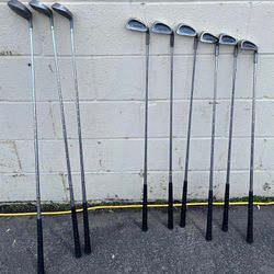 Wilson 9 piece Golf Club Set. Wilson Aggressor SG Square Grooves Irons 4, 5, 6, 7, 9, P. Wilson 1200 LT Woods 1,3,5. 