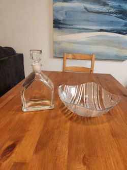 Cut Crystal Bowl 9.5"Wx3.5"H & Glass 10"H Decanter $15 Total/$10 Ea (SE San Diego)