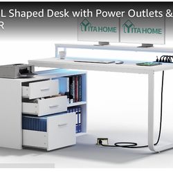 YITAHOME 55" White L-Shaped Desk with LED Lights, Power Outlets & File Cabinet