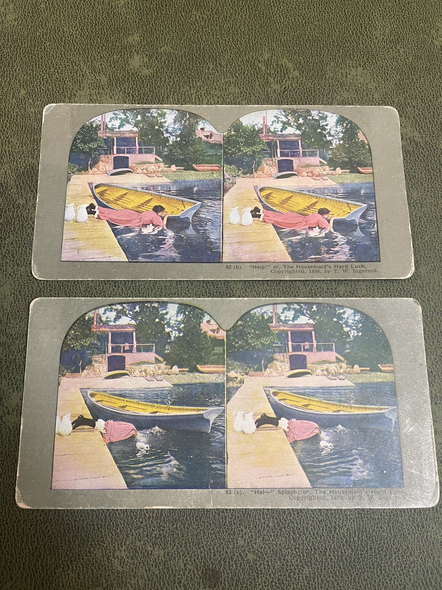 1898 STEREOVIEW CARD HELP OR THE HOUSEMAIDS HARD LUCK WOMAN BOAT #82 & 83