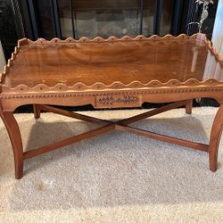 Ornate Antique Wood Table w Glass Top 