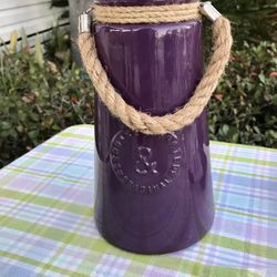 Vintage Glass Purple Decorative Vase With Twine/rope Handle 