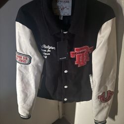 JET BLACK/WITER WHITE RARE TRUE RELIGION CORDUROY VARSITY JACKET 2002