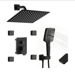 10 Inch Rain Shower Faucet Set with Body Jets, Matte Black
Rainfall Shower System, Wall Mount Shower Fixture with 4 Body Massage Jets, Single Handle 3