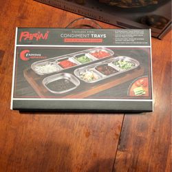 New stainless steel condiment tray with wood caddy