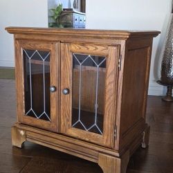 Wood Side End Table Glass Door Cabinet Nightstand Storage