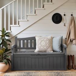 80 Gallon Outdoor Storage Bench, Resin Patio Furniture with Armrest,Waterproof and UV-Resistant, Perfect to Garden, Poolside and Lawn, Dark Grey$80