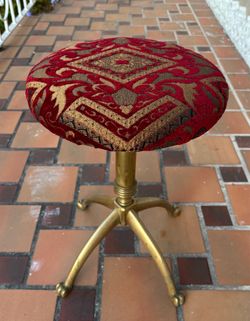 Antique Solid Brass Piano Stool or Decoration Detail with brocaded red and gold fabric. 12.5” x 18”.
