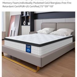 10 Inch White Twin Spring Mattress,Medium Firm with Gel Memory Foam,Individually Pocketed Coil,Fiberglass-Free Fire Retardant CertiPUR-US Certified,75