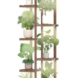 Wood Plant Stand With Grow Lights Indoor Plants Outdoor Corner Plant Shelf Flower Stands for Living Room Patio Garden Corner Balcony (Brown, 7 Tier)