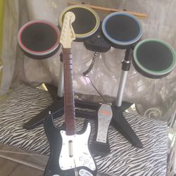 Rock Band Drum  Set Guitar W Pedal Tested. Missing Dongle