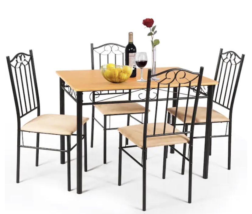 5 Piece Dining Table Set 29.5" with 4 Chairs Wood Metal Kitchen Breakfast Furniture Brown
