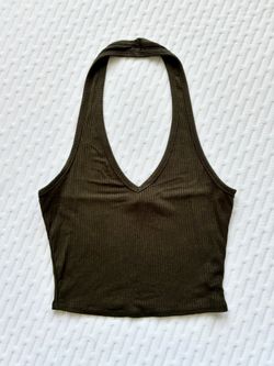 Bozzolo Olive Green Cropped Ribbed Halter Top Size M