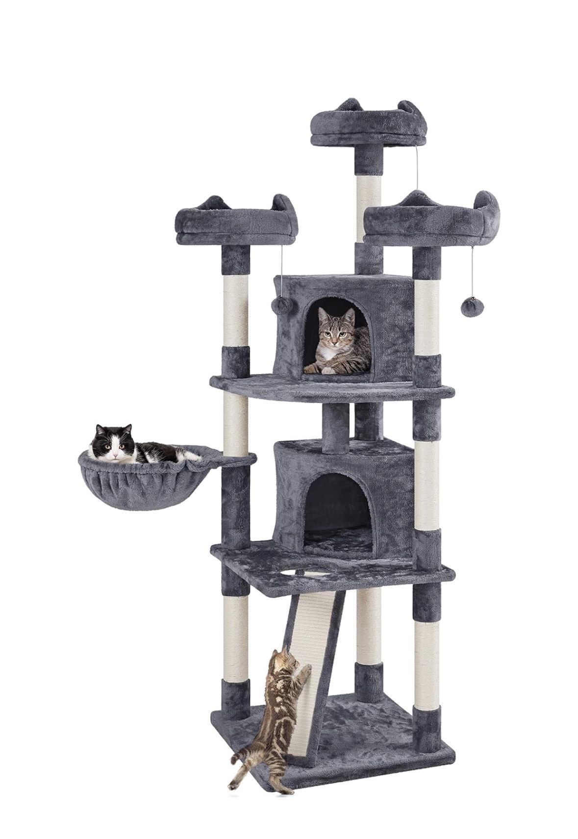 76"H Large Cat Tree, Multilevel Cat House Plush Cat Tower with 2 Condos & 8 Scratching Posts for Kittens Dark Gray