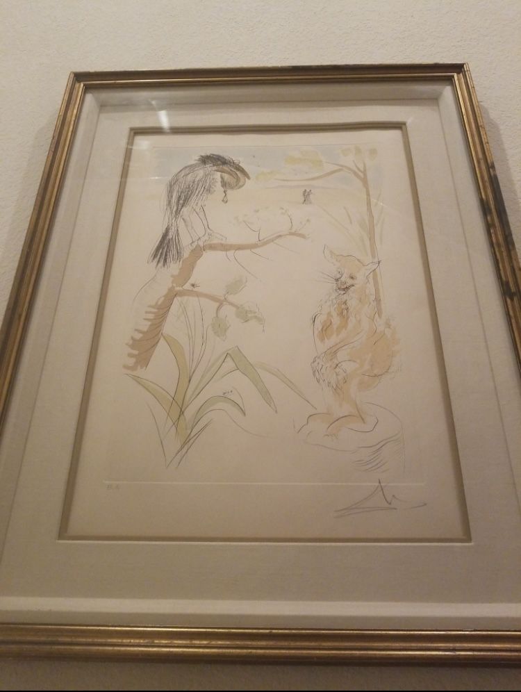 Salvador Dali “the Raven And The Fox” 1974 Original Drypoint / Drawing / Etching/intaglio / Hand Colored / Hand Signed On Arches France Paper
