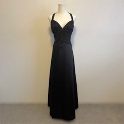 ONYX NITE Vintage Black Glitter Ruched Tulle Bust V Neck Long Formal Prom Dress
