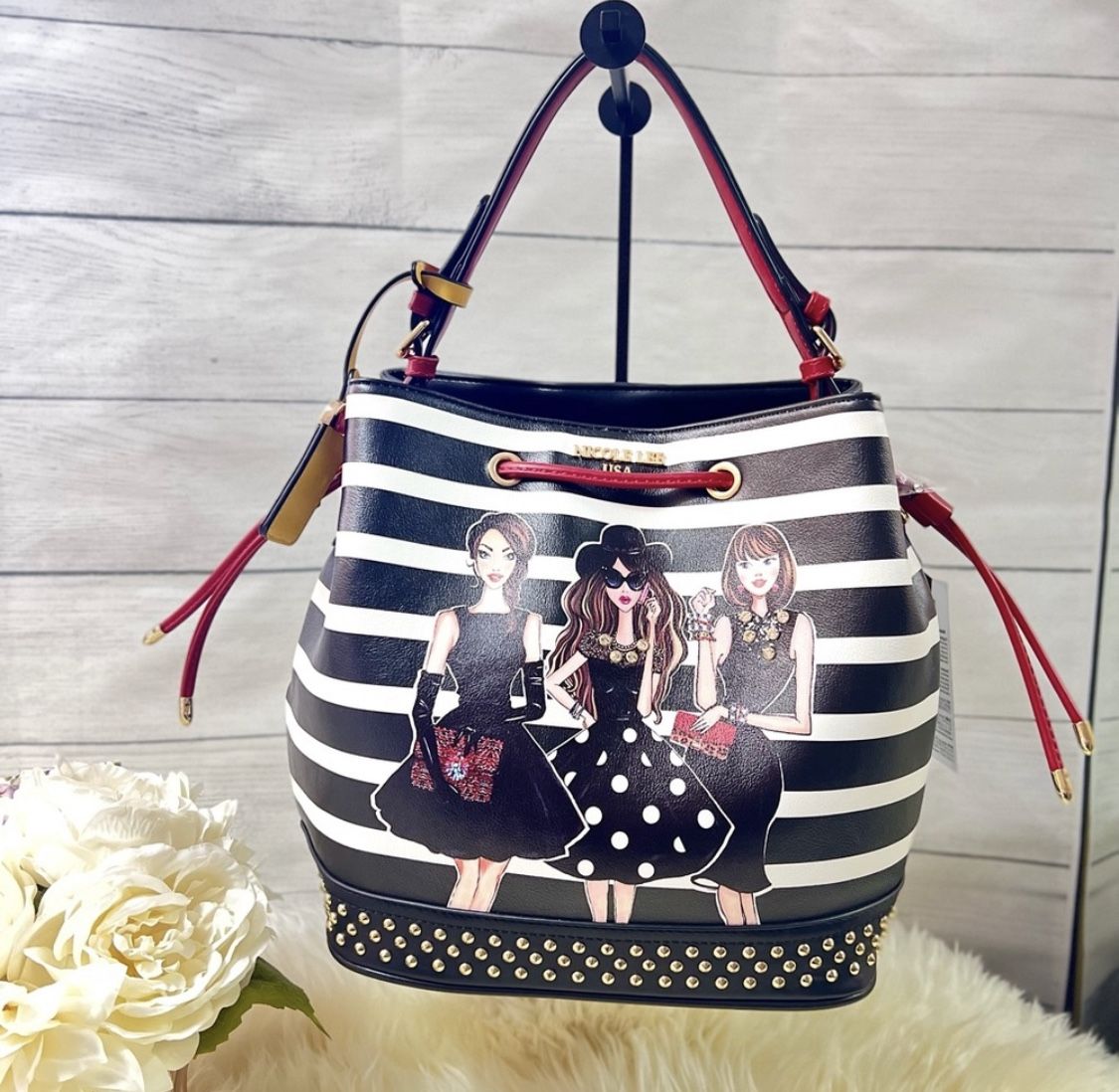 Women Handbag Crossbody Bag Eva Black Straps White NicoleLee