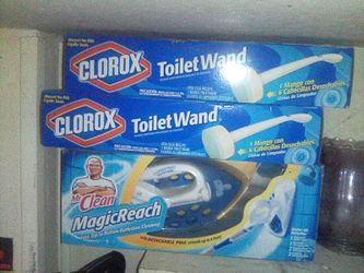 Clorox toilet wand and refills, and Mr. Clean magic reach wand