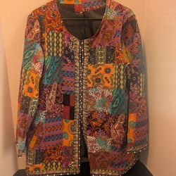 Colorful Patchwork Boho Style Lightweight Open Front Jacket, Size 2 XL