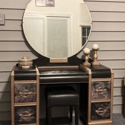 Refinished 1930’s Waterfall Vanity With Mirror And Stool