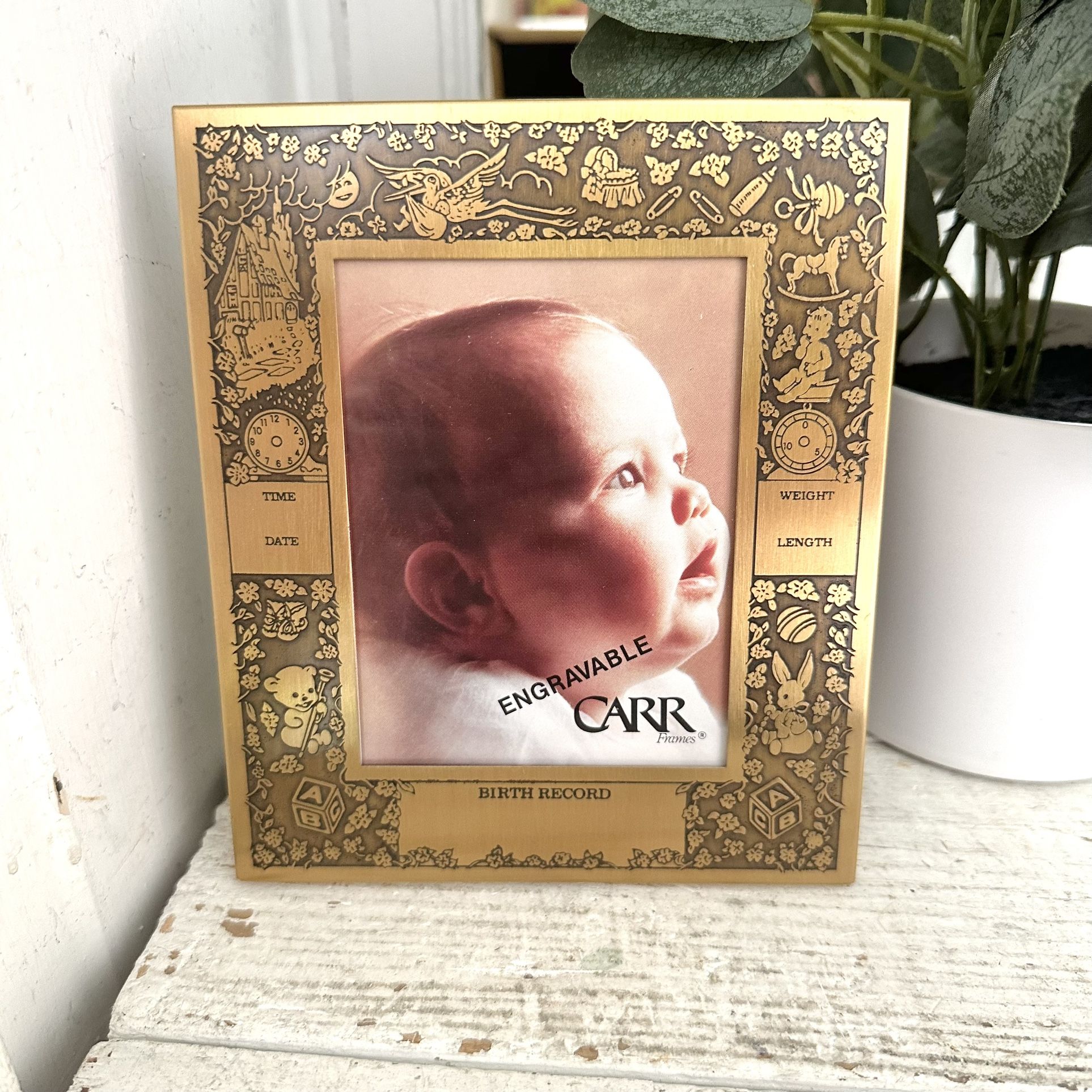 Vintage Gold Bronze Brass Birth Record Photo Picture Frame Baby M.W. Carr and Co
