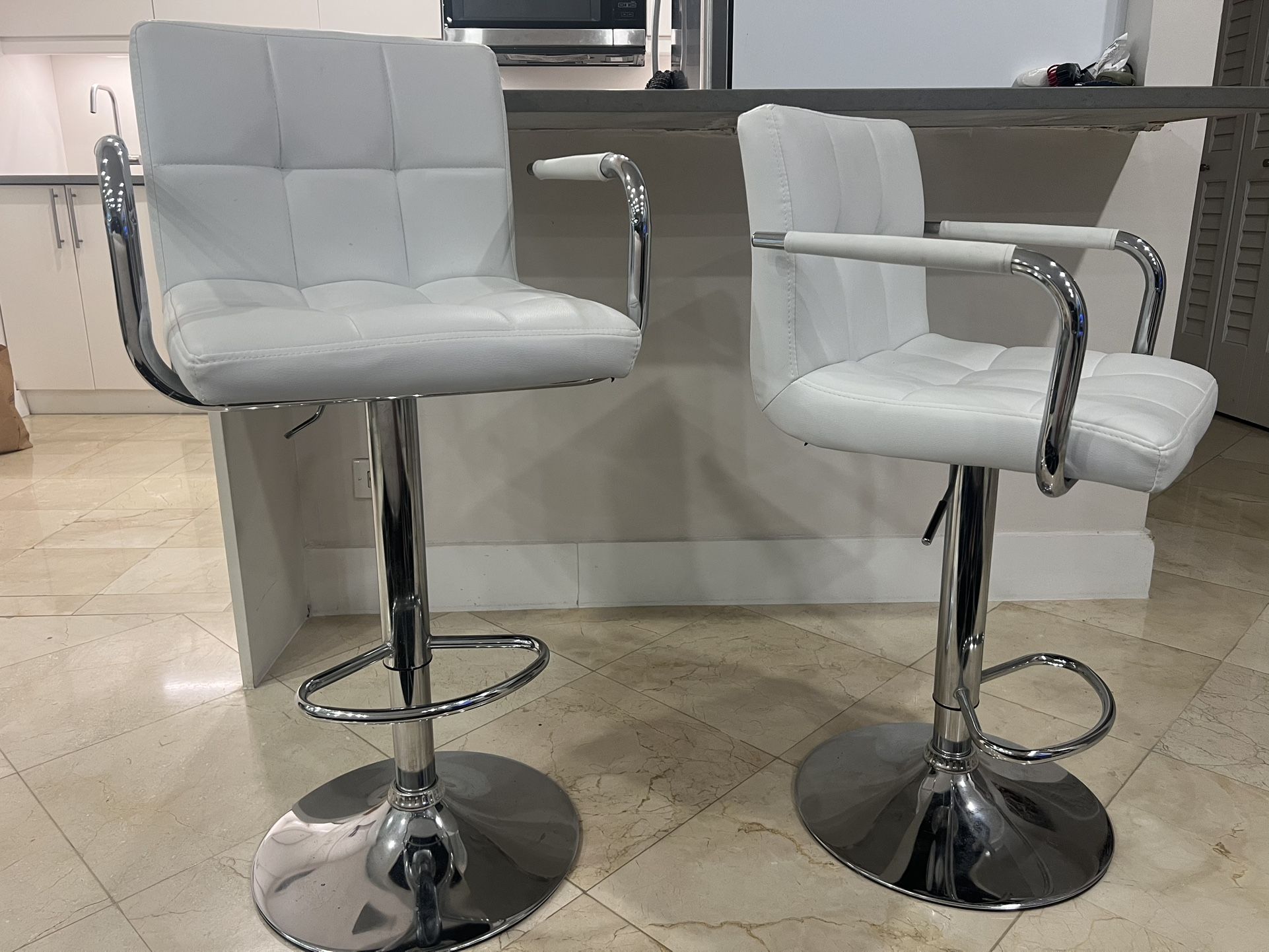 Two White Leather Bar Stools