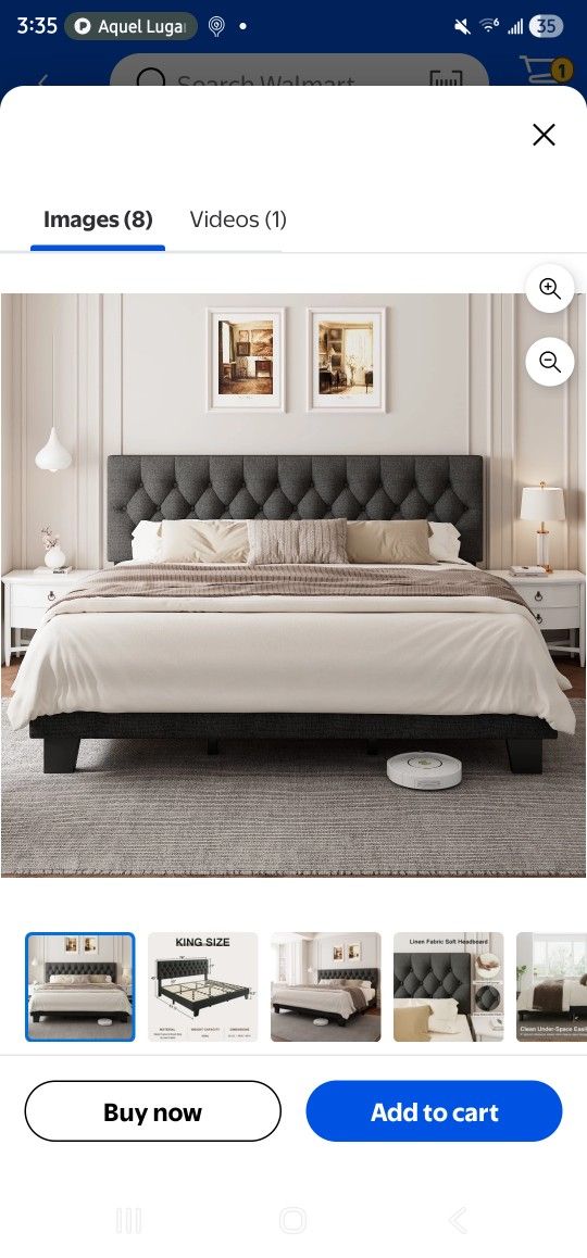 Virans King Upholstered Bed Frame, Linen Platform Bed, Black
with Headboard, Button Tufted, Bed Base, with Heavy Duty Wood Slat Support, Noise Free, 