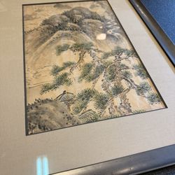 Vintage Asian Landscape Art Print Framed Matted