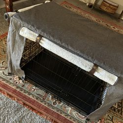 Dog crate black metal and linen style crate cover with leather details
