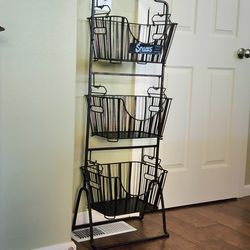 Large 3 Basket Storage In  brown coppe/ color metal tower display Home And Business, measures approx 48.5" tall.