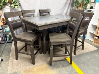 Stone Grey Rustic Counter Table w/ 6 Ladderback Chairs