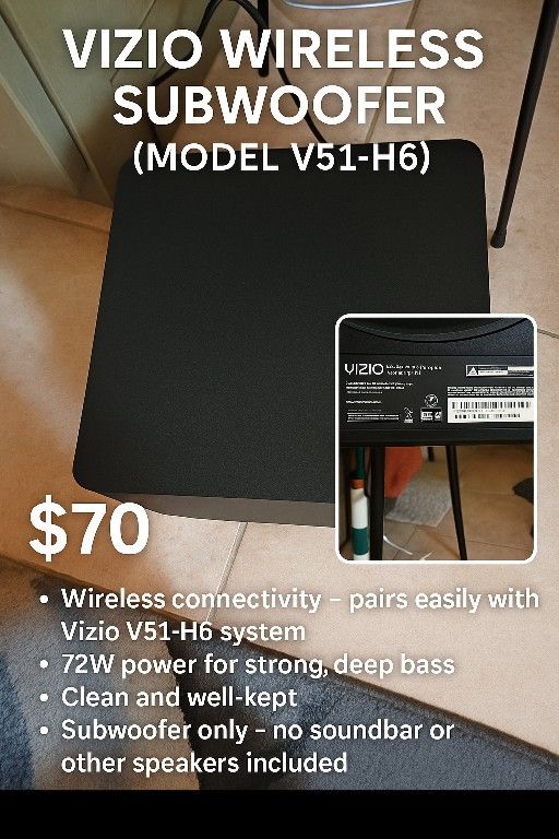 Vizio Wireless Subwoofer (Model V51-H6) – Clean & Powerful – $70