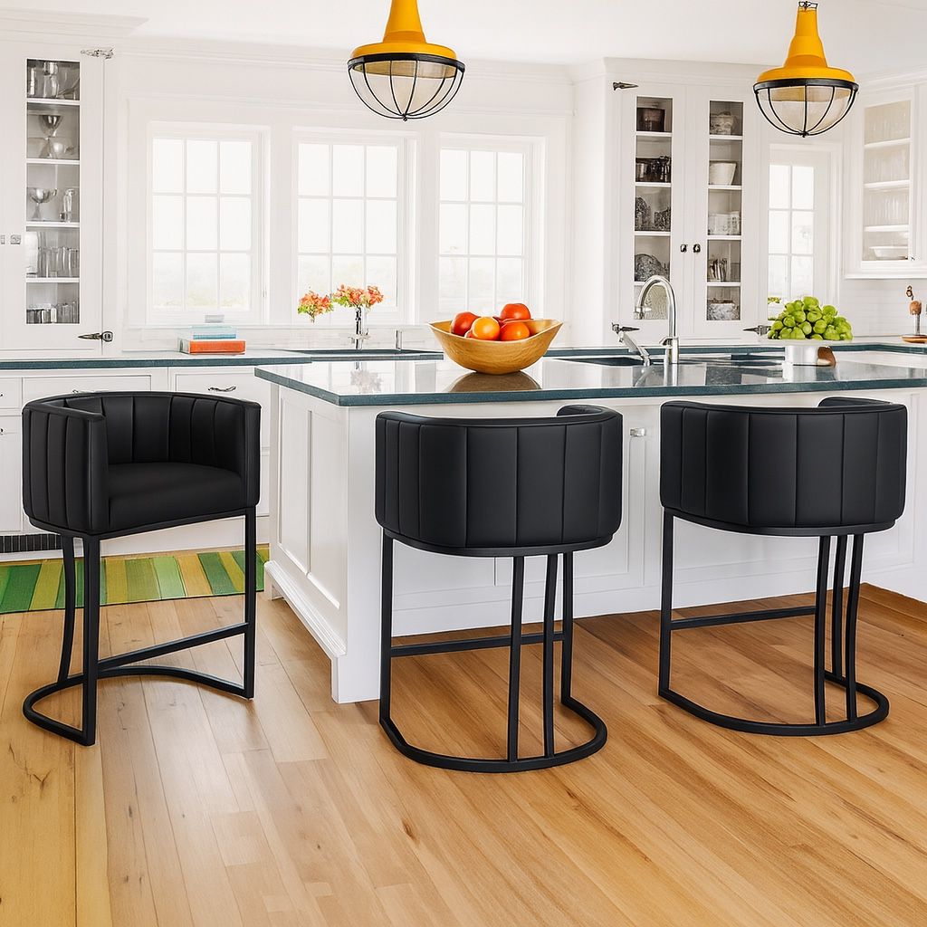 Set of 3 Upholstered Barrel Counter Stools, Black Faux Leather Seats with Sturdy Black Metal Base