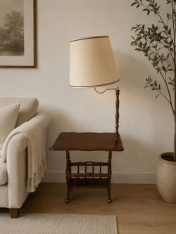 Wood Side Table with Magazine Rack and Built in Table Lamp