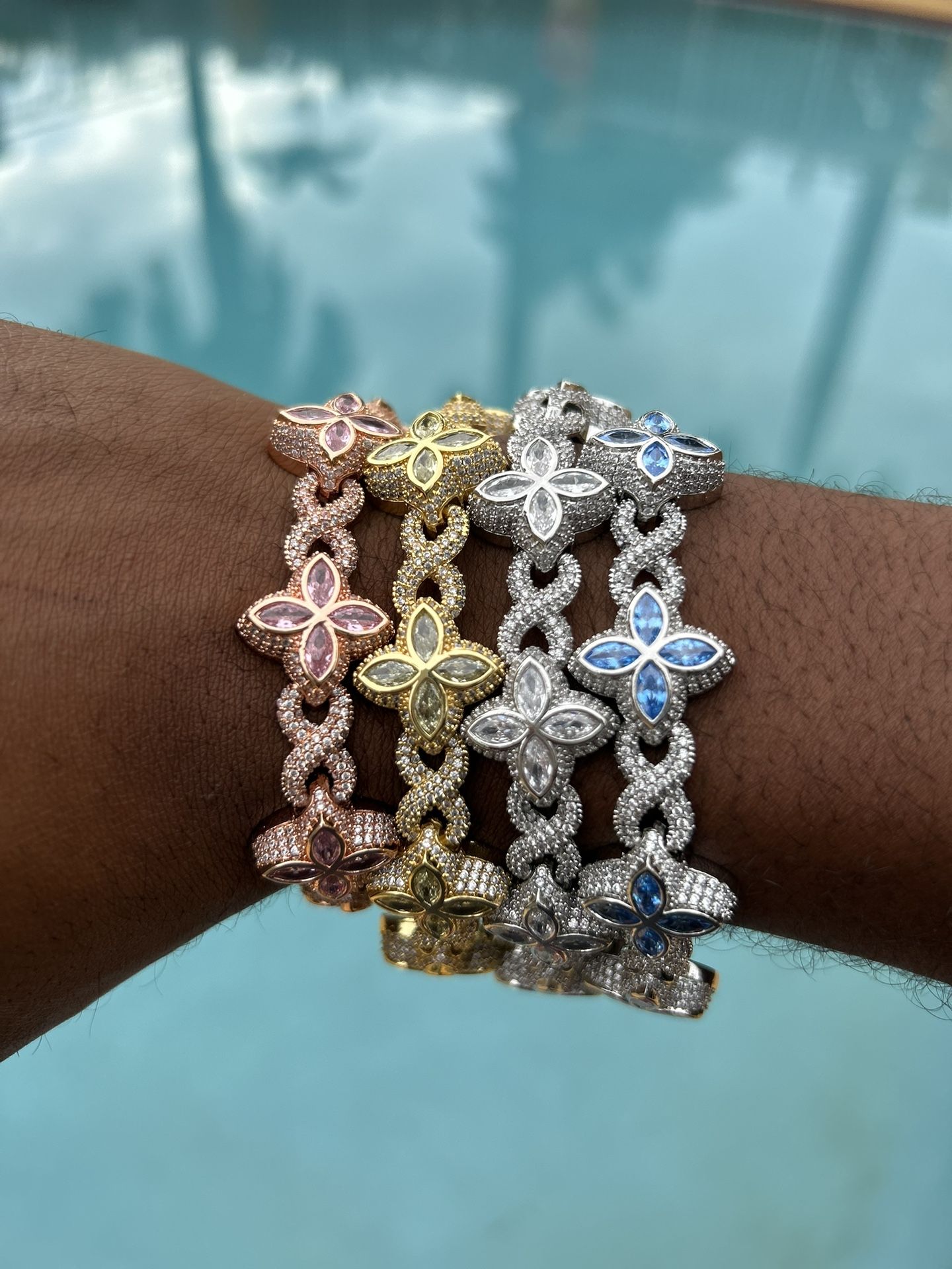 Flower 4 Leaf Clover Iced Out Premium Quality Chains & Bracelet Rose Gold Gold | Pink | Silver| Blue