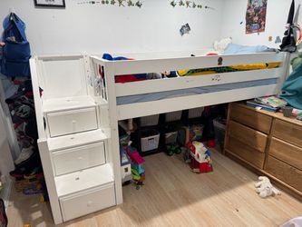 Maxtrix -White Kids Loft Bed with Stair Drawers