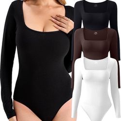 JELYSPET Bodysuits for Women Long Sleeve 3 wPack, Body Suit with Square Neck, Womens Bodysuit Sexy Basic Tops  Size M