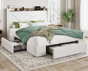 Full Size Modern Set Upholstered Bed With Charging Station & Storage Drawers & 6 Drawers Dresser
