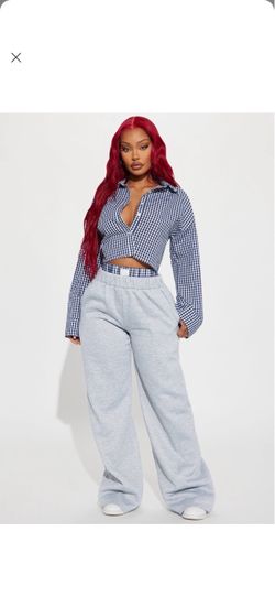 Navy Gingham Cropped Button-Up Shirt and matching sweatpants