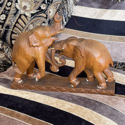 Hand Carved Wooden Vintage Teak Duo Frolicking Elephants Figure 