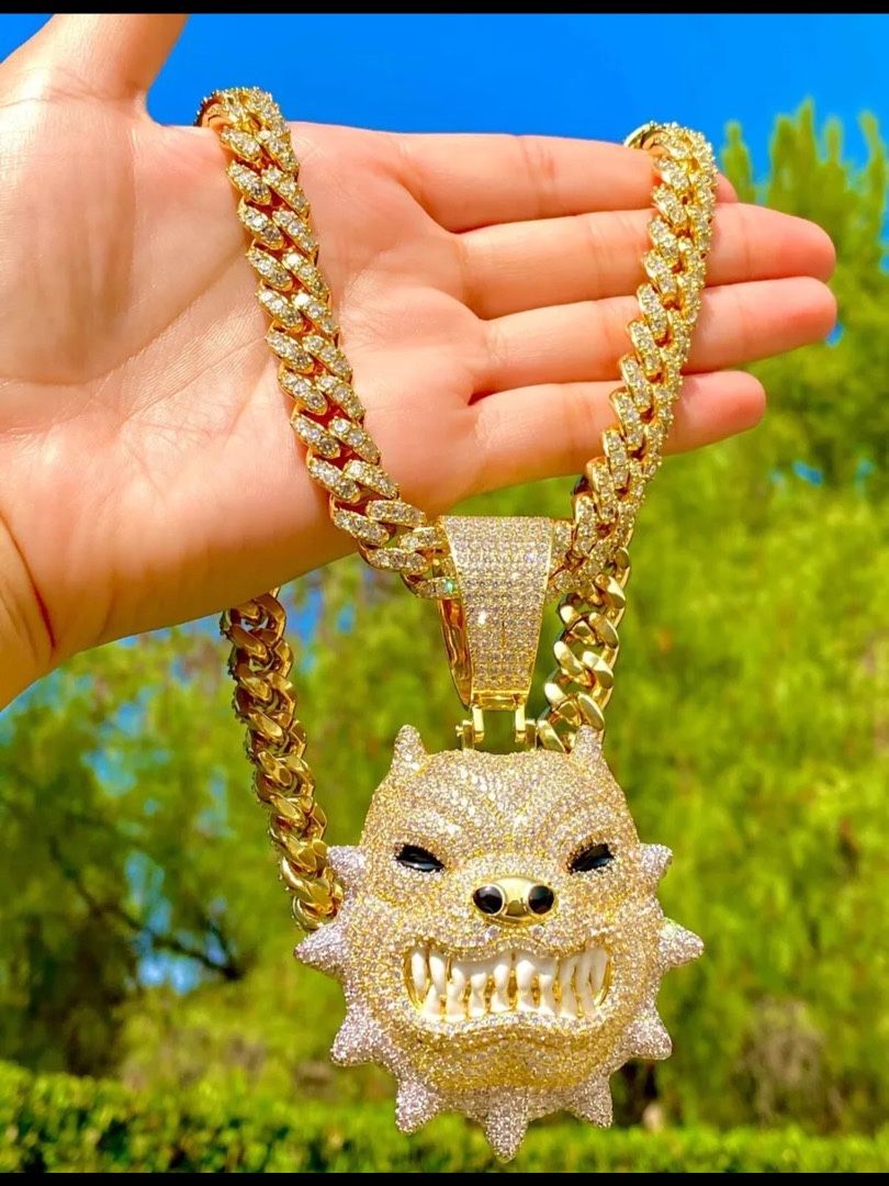 Bulldog Pitbull Angry Dog Silver Pendant Men Iced Charm 12mm Miami Cuban Chain