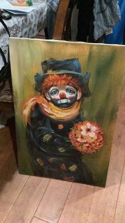 Gorgeous vintage sad clown canvas painting 30 x20 inch