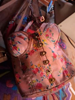 Pink Floral Canvas Handbag with Gold Hardware