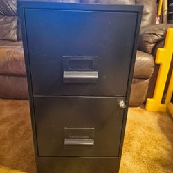 Black 2 drawer file cabinet with locking key and 9 hangers  great condition. Exterior paint like new. Height 27. Depth 18. Width 14 