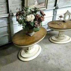 Oval Shabby Chic Vintage French Walnut Wood Column Pedestal End Tables Stands