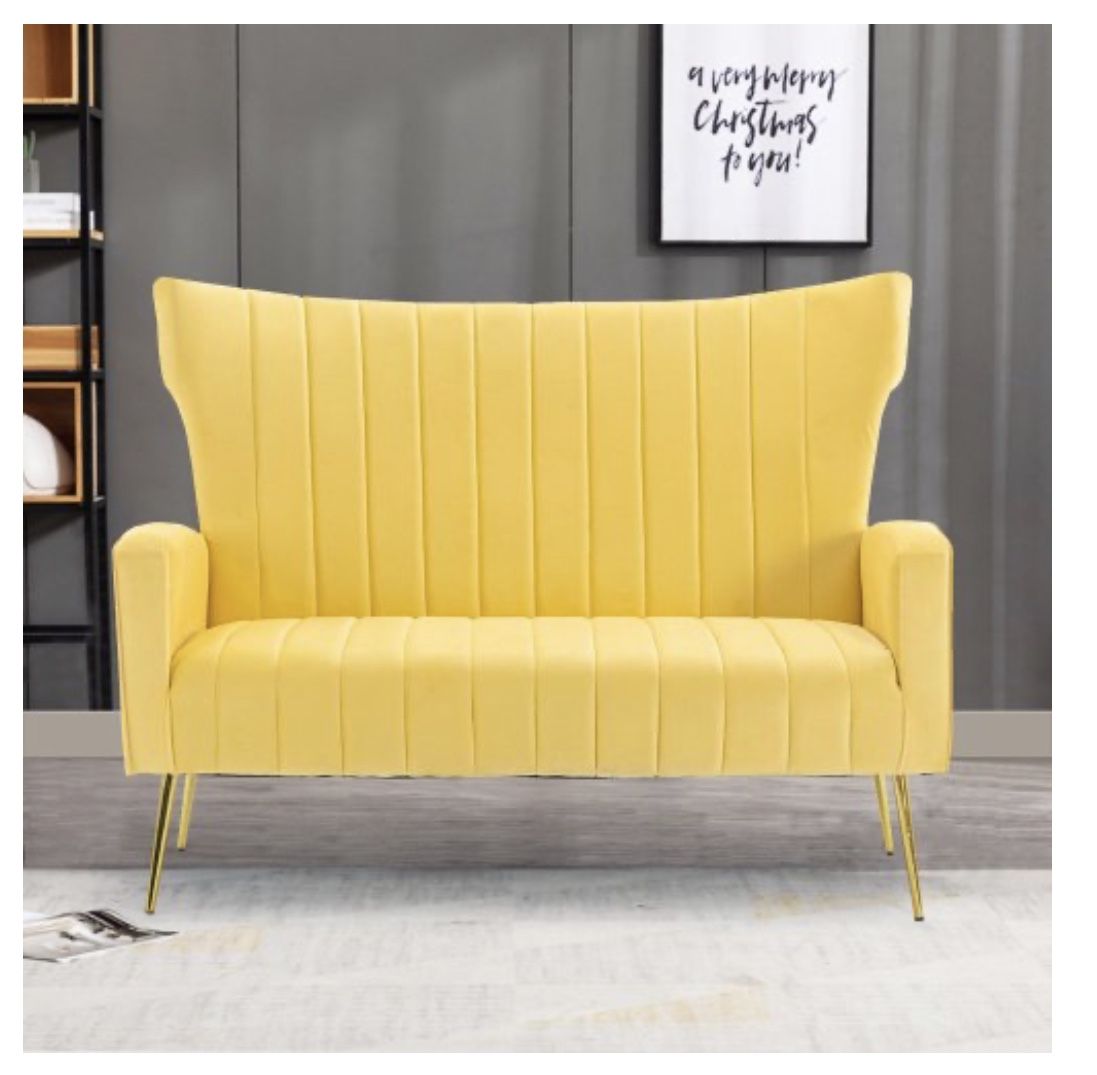 Velvet Leisure Sofa, Curved Tufted Contemporary Velvet HighBack Loveseat Sofa Chair, Upholstered Couch with Gold Metal Legs Two-Seat Sofa for Living R